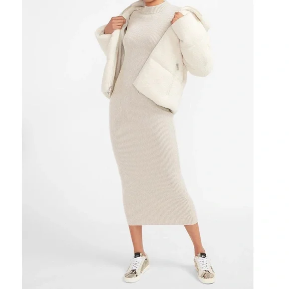 Express Metallic Ribbed Cap Sleeve Maxi Sweater Dress in Neutral